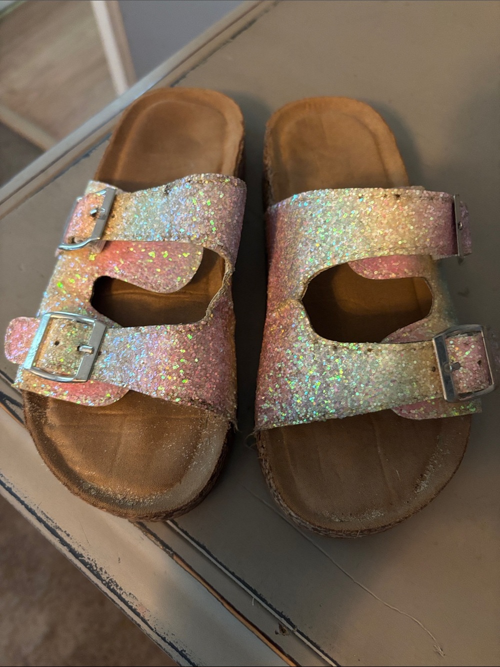 Kids Glitter Dual-Buckle Slide Sandals — Iridescent Pink